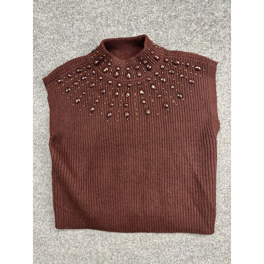House Of Harlow 1960 Sweater Vest Womens Medium Brown Beaded Mock‎ Neck Knit